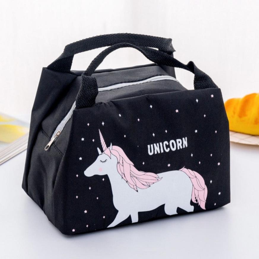 Geanta termica pentru mancare, Zola®, 21x14x15 cm, neagra, model cu unicorn Geanta termica pentru mancare, Zola®, 21x14x15 cm, neagra, model cu unicorn